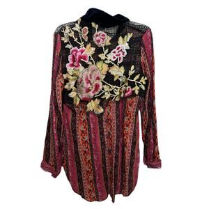 Anthropologie Cyrena Blouse Top Floral Embroidered Boho Velvet Collar Size small